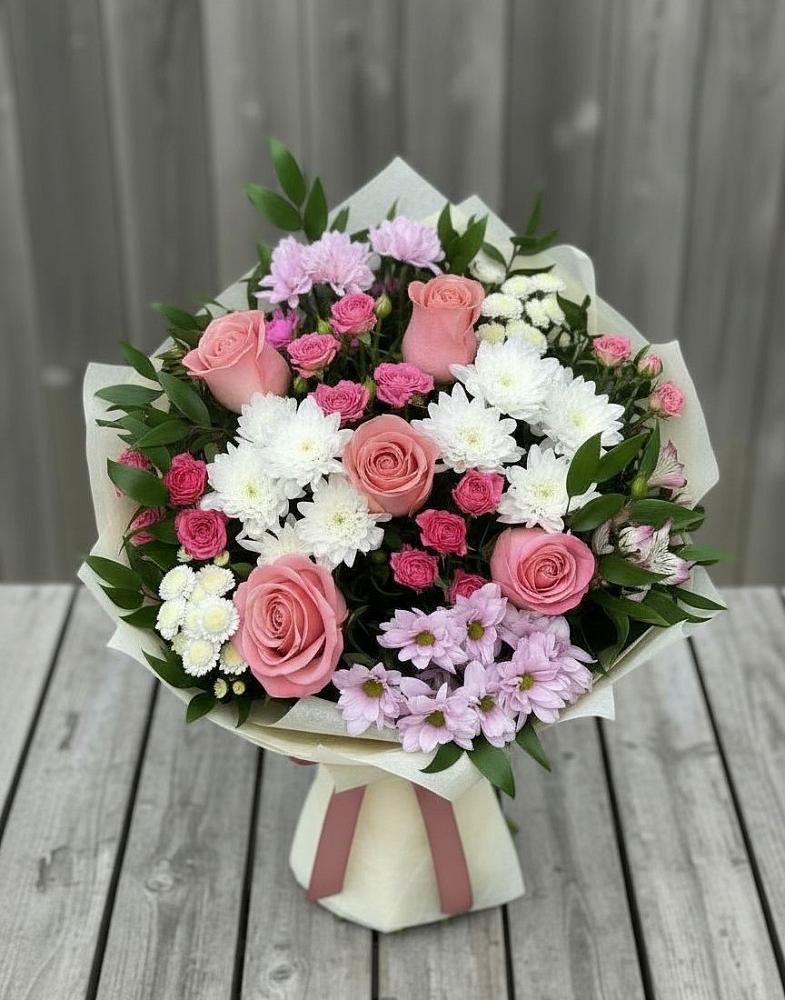 Букет цветов из: Альстромерии, Гвоздики, Розы и Хризантемы в Комсомольском Воронежской области