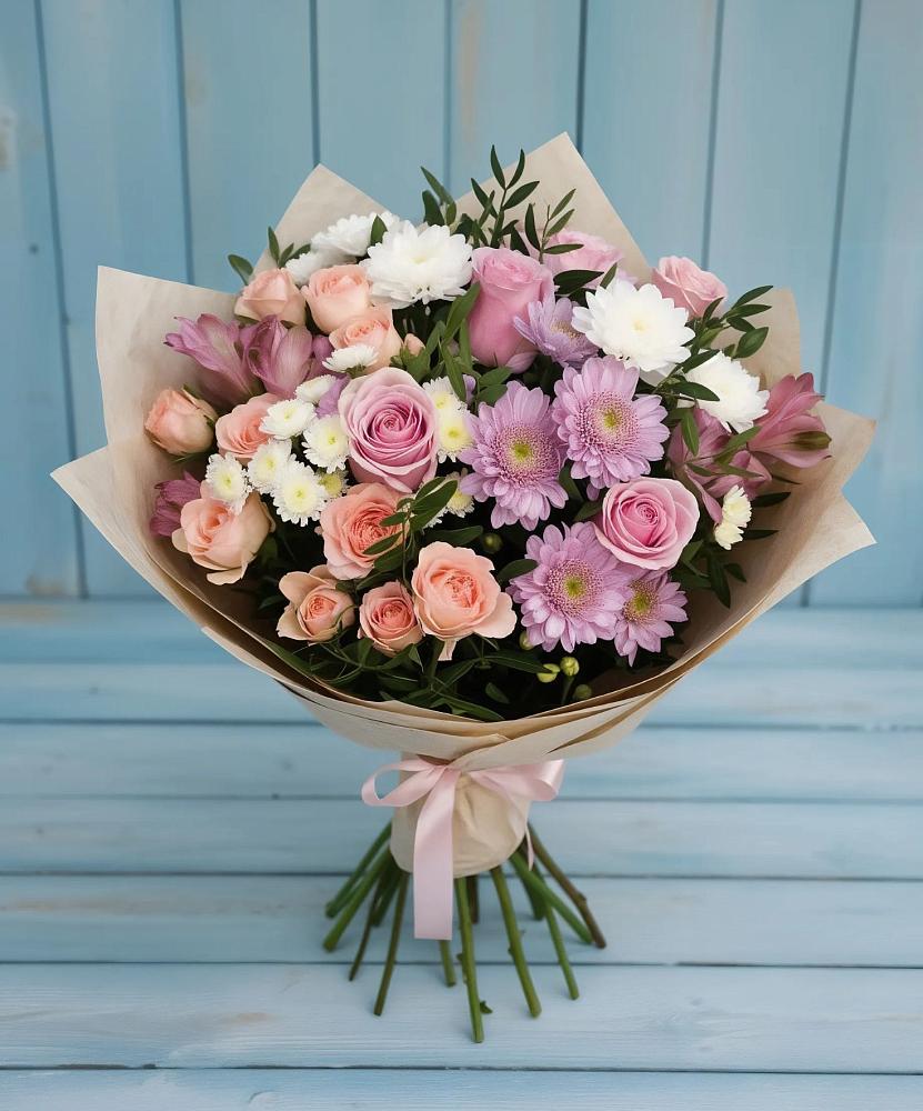 Букет цветов из: Хризантемы, Розы и Альстромерии в Комсомольском Воронежской области