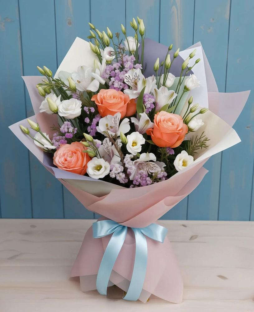 Букет цветов из: Лизиантусы, Розы, Альстромерии и Гипсофила в Комсомольском Воронежской области