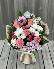 Букет цветов из:  Альстромерии, Гвоздики, Розы и Хризантемы в Комсомольском Воронежской области