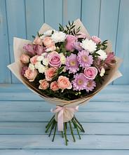 Букет цветов из:  Хризантемы, Розы и Альстромерии в Комсомольском Воронежской области